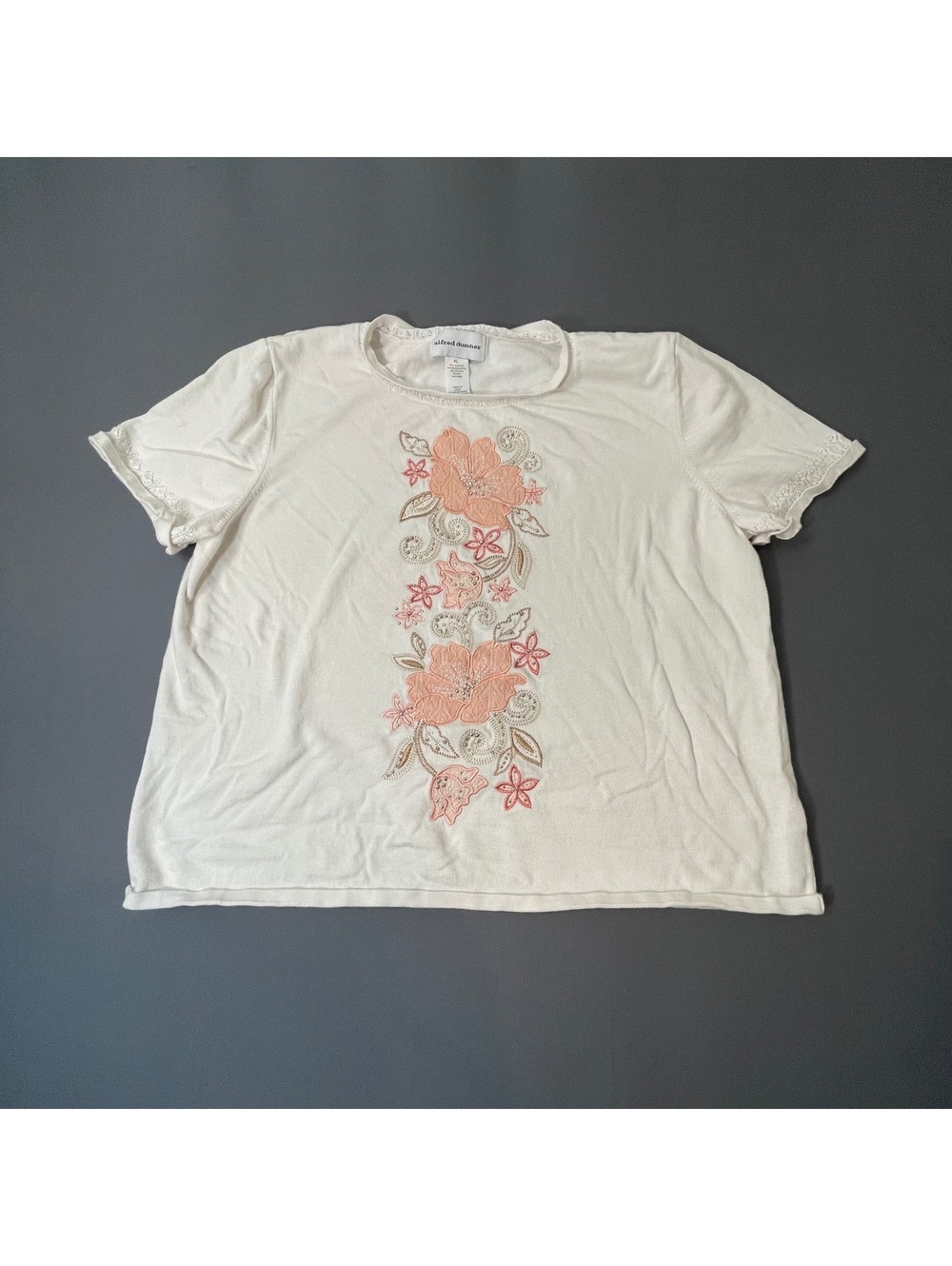 Alfred Dunner XL White Cotton Rayon Embroidered Floral Knit Short Sleeve Top